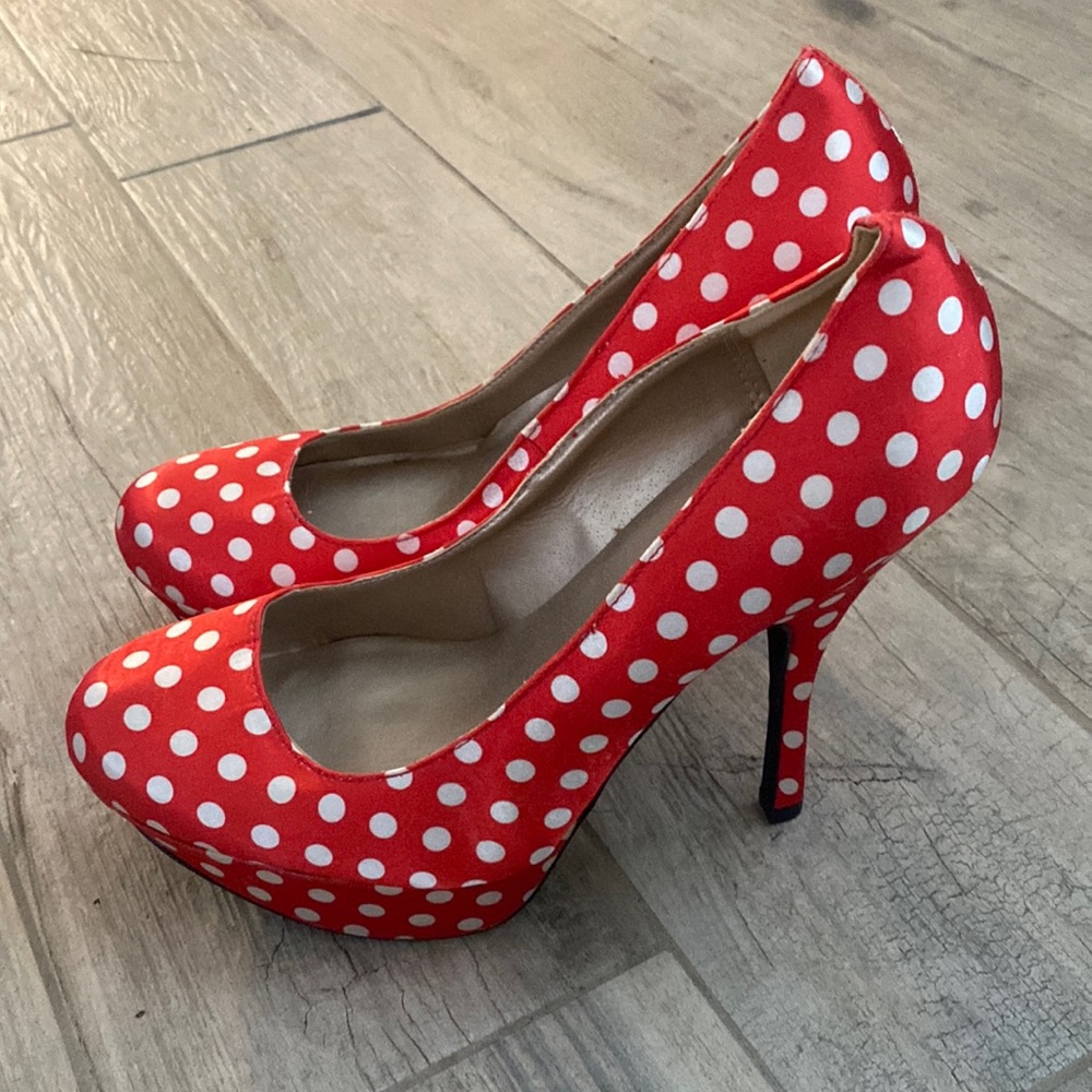 Red and white polka dot heels size 10